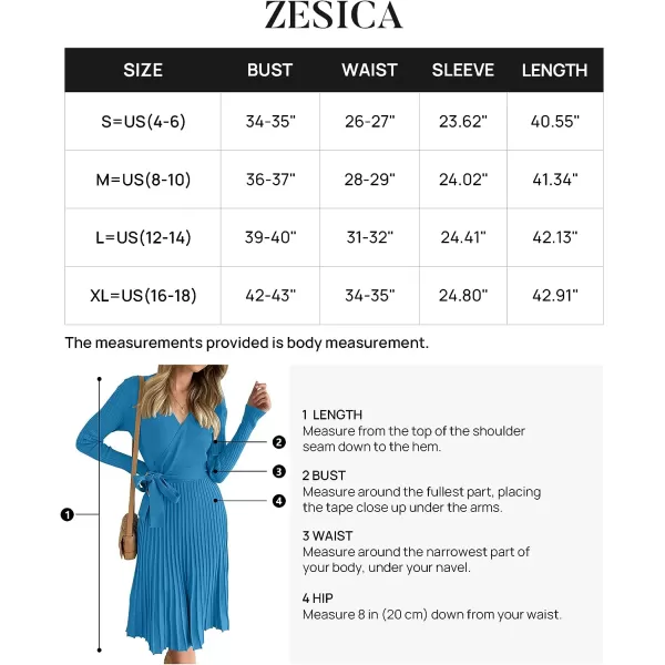 imageZESICA Womens 2023 Fall Long Sleeve Wrap V Neck Ribbed Knit Pleated A Line Pullover Sweater Dress with BeltCobaltblue