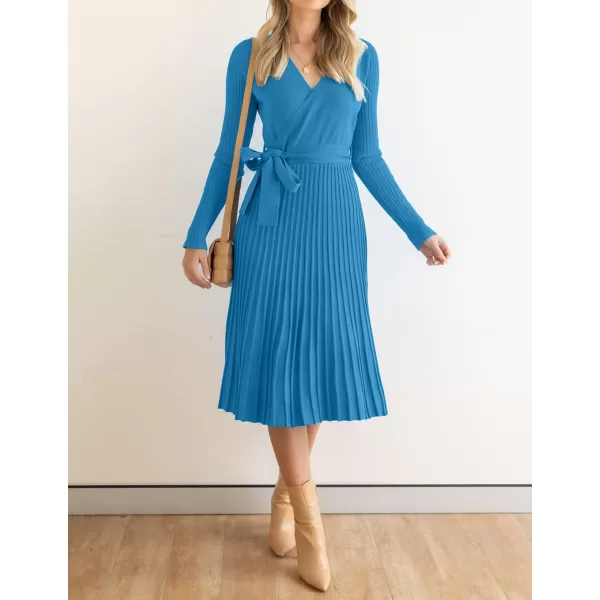 imageZESICA Womens 2023 Fall Long Sleeve Wrap V Neck Ribbed Knit Pleated A Line Pullover Sweater Dress with BeltCobaltblue