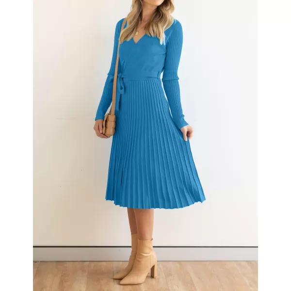 imageZESICA Womens 2023 Fall Long Sleeve Wrap V Neck Ribbed Knit Pleated A Line Pullover Sweater Dress with BeltCobaltblue