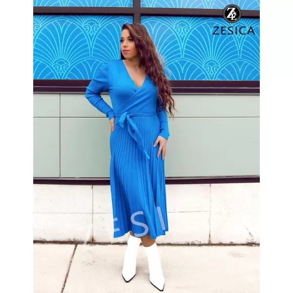 imageZESICA Womens 2023 Fall Long Sleeve Wrap V Neck Ribbed Knit Pleated A Line Pullover Sweater Dress with BeltCobaltblue