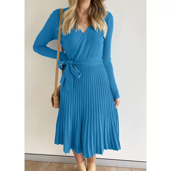imageZESICA Womens 2023 Fall Long Sleeve Wrap V Neck Ribbed Knit Pleated A Line Pullover Sweater Dress with BeltCobaltblue