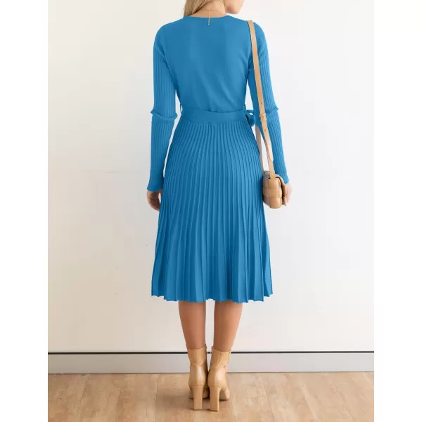 imageZESICA Womens 2023 Fall Long Sleeve Wrap V Neck Ribbed Knit Pleated A Line Pullover Sweater Dress with BeltCobaltblue