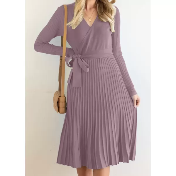 imageZESICA Womens 2023 Fall Long Sleeve Wrap V Neck Ribbed Knit Pleated A Line Pullover Sweater Dress with BeltDarkviolet