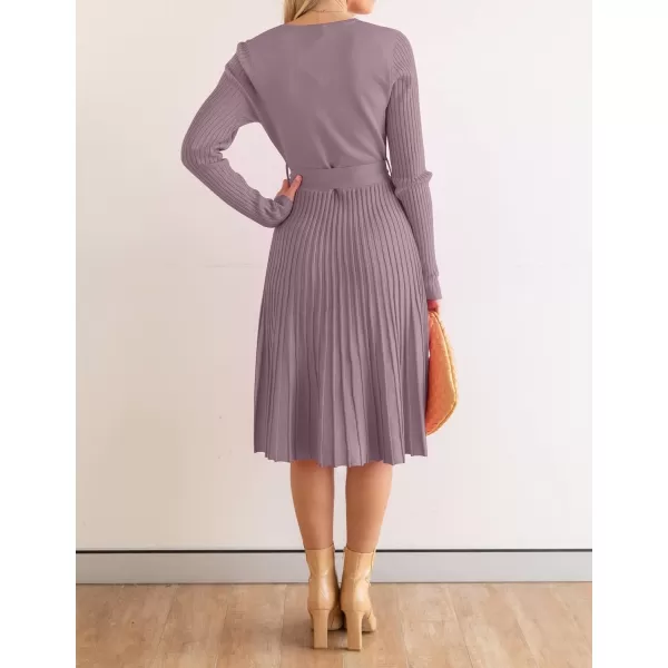 imageZESICA Womens 2023 Fall Long Sleeve Wrap V Neck Ribbed Knit Pleated A Line Pullover Sweater Dress with BeltDarkviolet