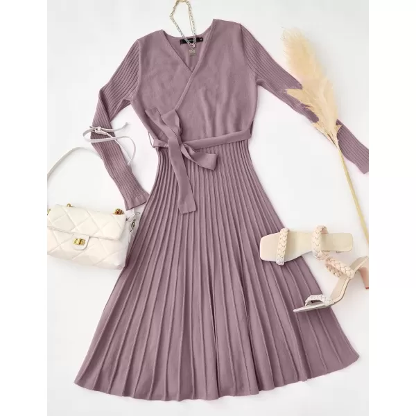 imageZESICA Womens 2023 Fall Long Sleeve Wrap V Neck Ribbed Knit Pleated A Line Pullover Sweater Dress with BeltDarkviolet