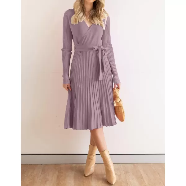 imageZESICA Womens 2023 Fall Long Sleeve Wrap V Neck Ribbed Knit Pleated A Line Pullover Sweater Dress with BeltDarkviolet