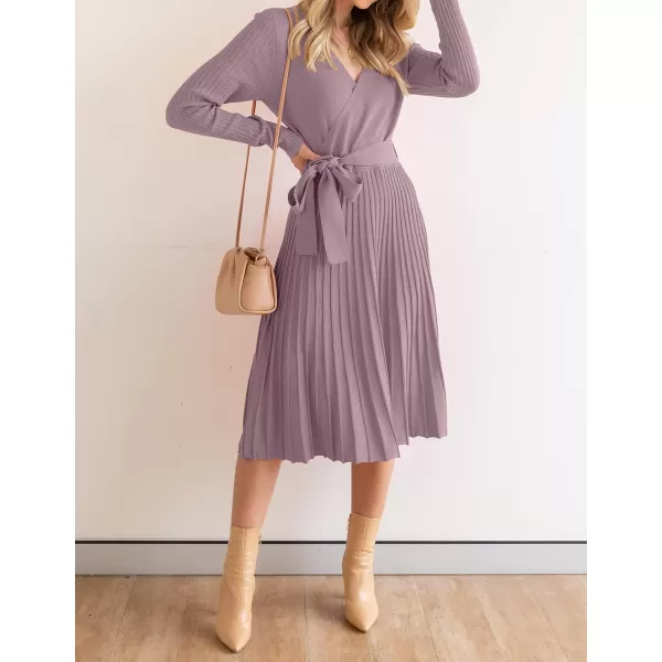 imageZESICA Womens 2023 Fall Long Sleeve Wrap V Neck Ribbed Knit Pleated A Line Pullover Sweater Dress with BeltDarkviolet