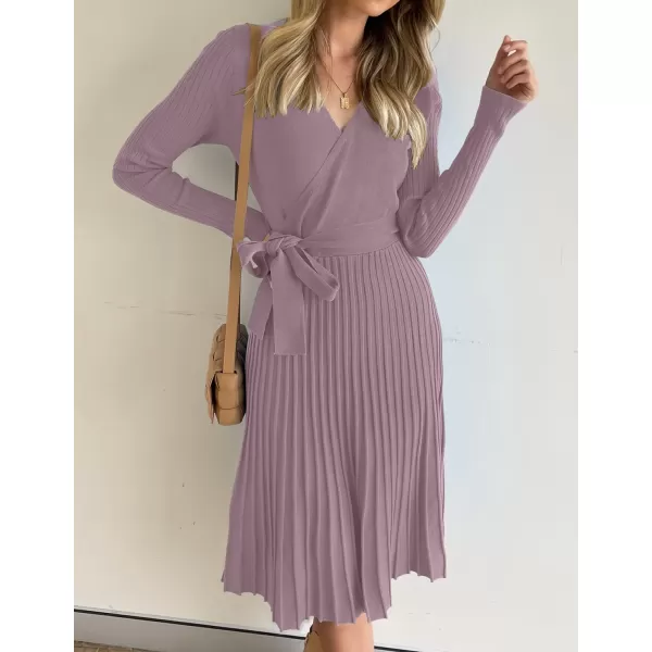 imageZESICA Womens 2023 Fall Long Sleeve Wrap V Neck Ribbed Knit Pleated A Line Pullover Sweater Dress with BeltDarkviolet
