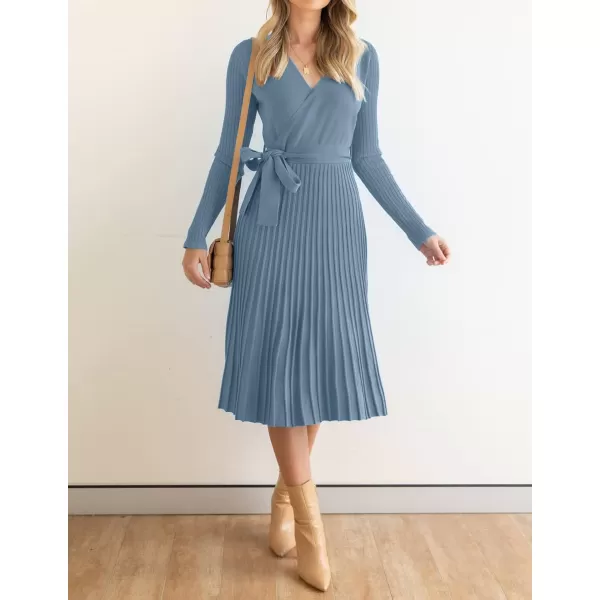 imageZESICA Womens 2023 Fall Long Sleeve Wrap V Neck Ribbed Knit Pleated A Line Pullover Sweater Dress with BeltDustyblue