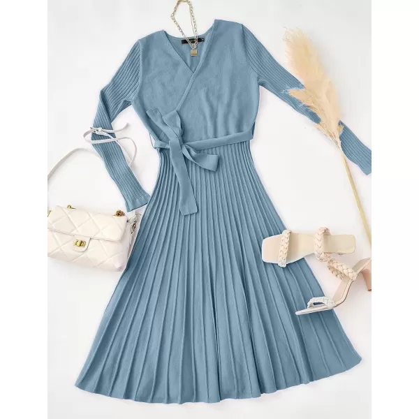 imageZESICA Womens 2023 Fall Long Sleeve Wrap V Neck Ribbed Knit Pleated A Line Pullover Sweater Dress with BeltDustyblue