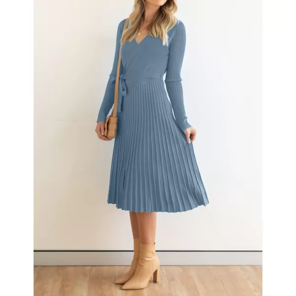 imageZESICA Womens 2023 Fall Long Sleeve Wrap V Neck Ribbed Knit Pleated A Line Pullover Sweater Dress with BeltDustyblue