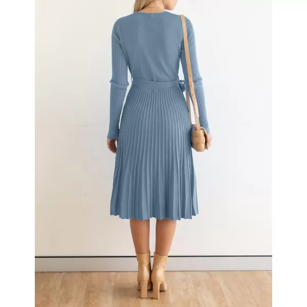 imageZESICA Womens 2023 Fall Long Sleeve Wrap V Neck Ribbed Knit Pleated A Line Pullover Sweater Dress with BeltDustyblue