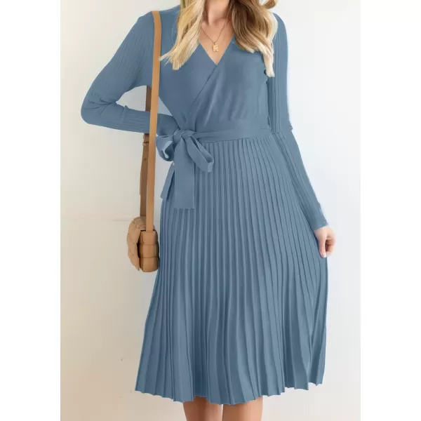imageZESICA Womens 2023 Fall Long Sleeve Wrap V Neck Ribbed Knit Pleated A Line Pullover Sweater Dress with BeltDustyblue