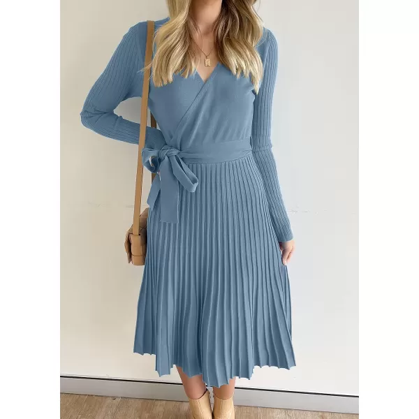 imageZESICA Womens 2023 Fall Long Sleeve Wrap V Neck Ribbed Knit Pleated A Line Pullover Sweater Dress with BeltDustyblue
