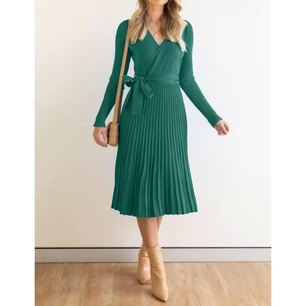 imageZESICA Womens 2023 Fall Long Sleeve Wrap V Neck Ribbed Knit Pleated A Line Pullover Sweater Dress with BeltForestgreen