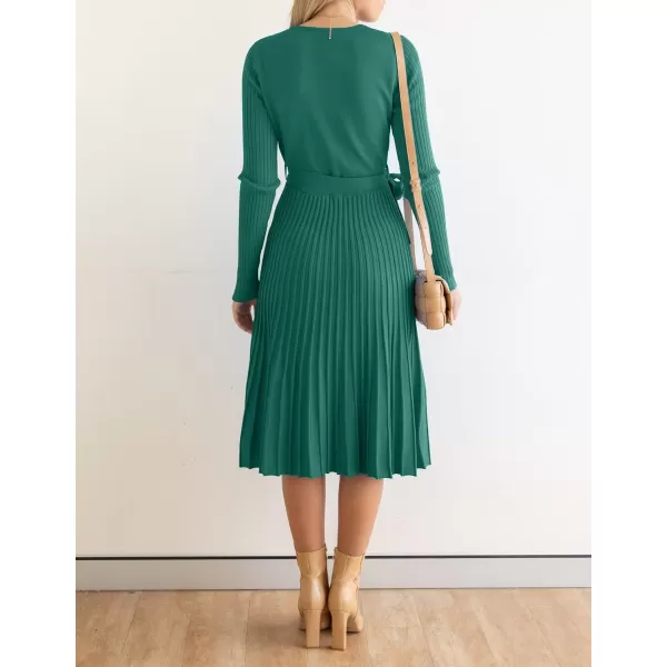 imageZESICA Womens 2023 Fall Long Sleeve Wrap V Neck Ribbed Knit Pleated A Line Pullover Sweater Dress with BeltForestgreen