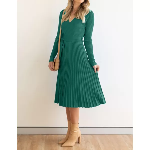 imageZESICA Womens 2023 Fall Long Sleeve Wrap V Neck Ribbed Knit Pleated A Line Pullover Sweater Dress with BeltForestgreen