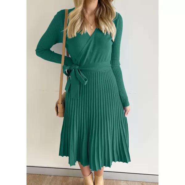 imageZESICA Womens 2023 Fall Long Sleeve Wrap V Neck Ribbed Knit Pleated A Line Pullover Sweater Dress with BeltForestgreen