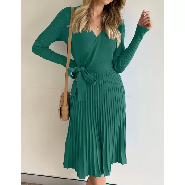 imageZESICA Womens 2023 Fall Long Sleeve Wrap V Neck Ribbed Knit Pleated A Line Pullover Sweater Dress with BeltForestgreen