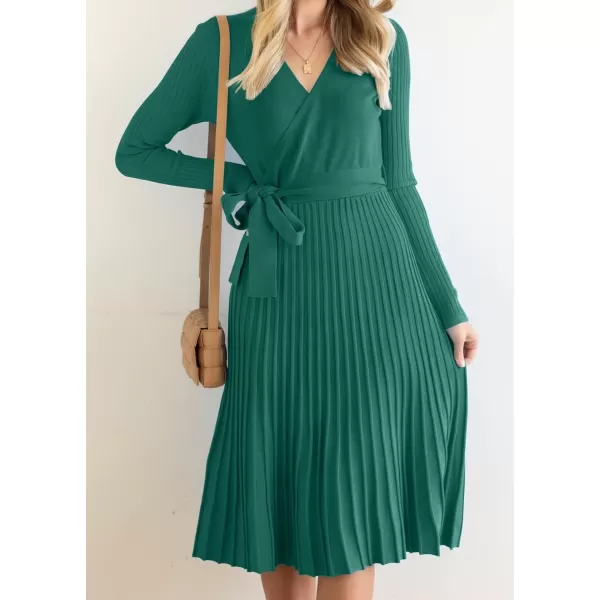 imageZESICA Womens 2023 Fall Long Sleeve Wrap V Neck Ribbed Knit Pleated A Line Pullover Sweater Dress with BeltForestgreen