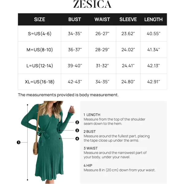 imageZESICA Womens 2023 Fall Long Sleeve Wrap V Neck Ribbed Knit Pleated A Line Pullover Sweater Dress with BeltForestgreen