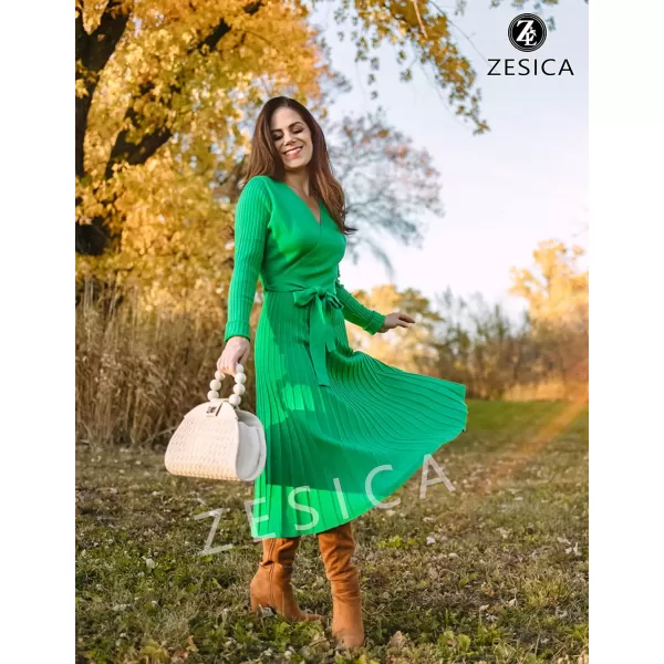 imageZESICA Womens 2023 Fall Long Sleeve Wrap V Neck Ribbed Knit Pleated A Line Pullover Sweater Dress with BeltGreen
