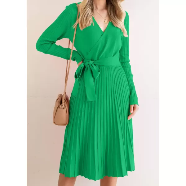 imageZESICA Womens 2023 Fall Long Sleeve Wrap V Neck Ribbed Knit Pleated A Line Pullover Sweater Dress with BeltGreen