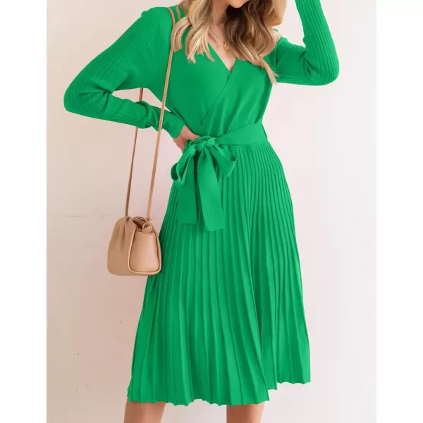 imageZESICA Womens 2023 Fall Long Sleeve Wrap V Neck Ribbed Knit Pleated A Line Pullover Sweater Dress with BeltGreen