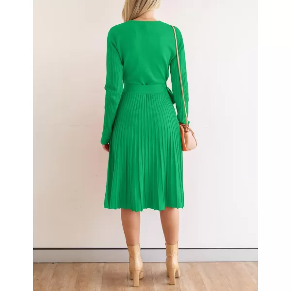 imageZESICA Womens 2023 Fall Long Sleeve Wrap V Neck Ribbed Knit Pleated A Line Pullover Sweater Dress with BeltGreen