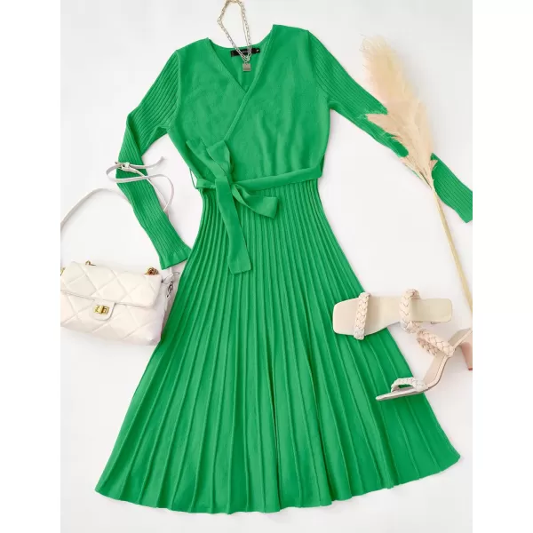 imageZESICA Womens 2023 Fall Long Sleeve Wrap V Neck Ribbed Knit Pleated A Line Pullover Sweater Dress with BeltGreen