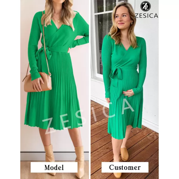 imageZESICA Womens 2023 Fall Long Sleeve Wrap V Neck Ribbed Knit Pleated A Line Pullover Sweater Dress with BeltGreen