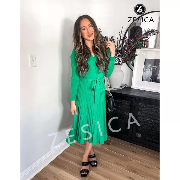 imageZESICA Womens 2023 Fall Long Sleeve Wrap V Neck Ribbed Knit Pleated A Line Pullover Sweater Dress with BeltGreen