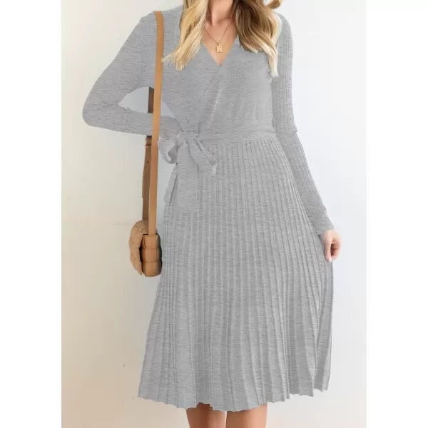 imageZESICA Womens 2023 Fall Long Sleeve Wrap V Neck Ribbed Knit Pleated A Line Pullover Sweater Dress with BeltGrey