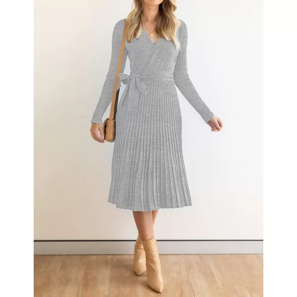 imageZESICA Womens 2023 Fall Long Sleeve Wrap V Neck Ribbed Knit Pleated A Line Pullover Sweater Dress with BeltGrey