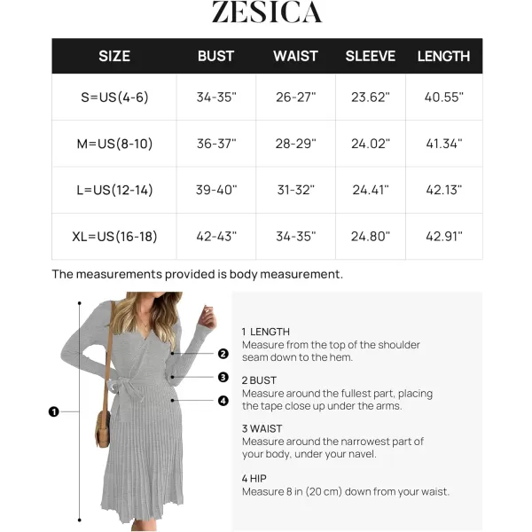 imageZESICA Womens 2023 Fall Long Sleeve Wrap V Neck Ribbed Knit Pleated A Line Pullover Sweater Dress with BeltGrey