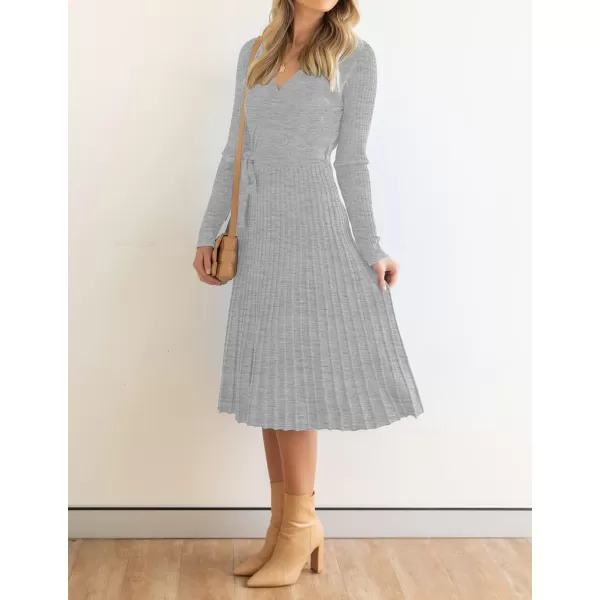 imageZESICA Womens 2023 Fall Long Sleeve Wrap V Neck Ribbed Knit Pleated A Line Pullover Sweater Dress with BeltGrey