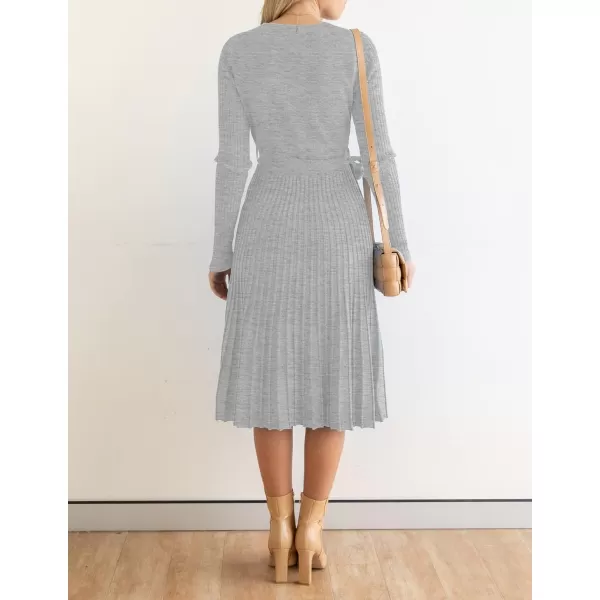 imageZESICA Womens 2023 Fall Long Sleeve Wrap V Neck Ribbed Knit Pleated A Line Pullover Sweater Dress with BeltGrey