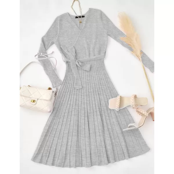 imageZESICA Womens 2023 Fall Long Sleeve Wrap V Neck Ribbed Knit Pleated A Line Pullover Sweater Dress with BeltGrey