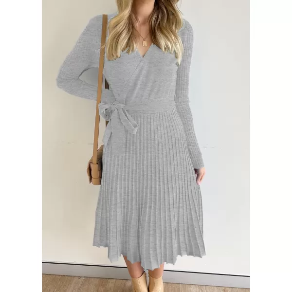 imageZESICA Womens 2023 Fall Long Sleeve Wrap V Neck Ribbed Knit Pleated A Line Pullover Sweater Dress with BeltGrey