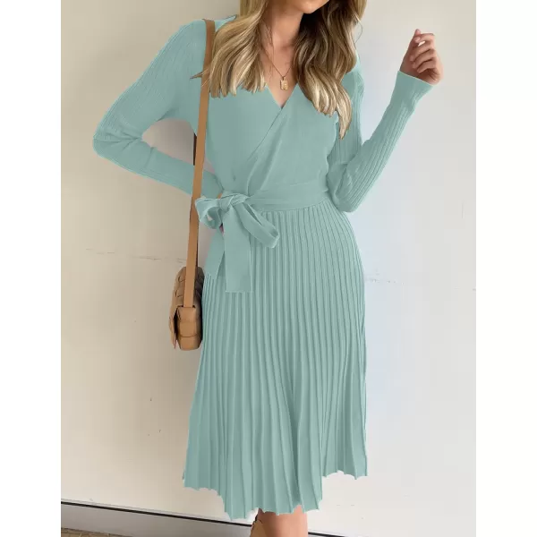 imageZESICA Womens 2023 Fall Long Sleeve Wrap V Neck Ribbed Knit Pleated A Line Pullover Sweater Dress with BeltLake