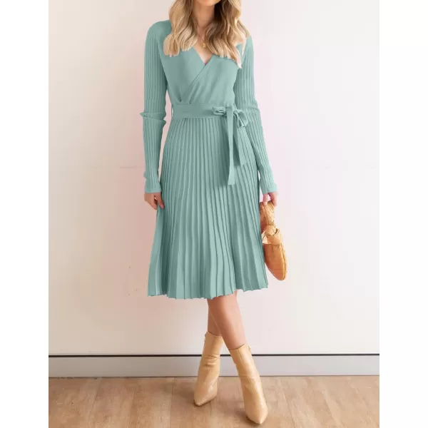 imageZESICA Womens 2023 Fall Long Sleeve Wrap V Neck Ribbed Knit Pleated A Line Pullover Sweater Dress with BeltLake