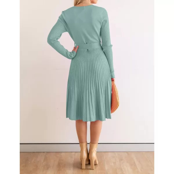 imageZESICA Womens 2023 Fall Long Sleeve Wrap V Neck Ribbed Knit Pleated A Line Pullover Sweater Dress with BeltLake