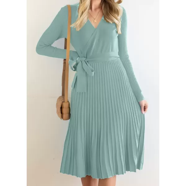 imageZESICA Womens 2023 Fall Long Sleeve Wrap V Neck Ribbed Knit Pleated A Line Pullover Sweater Dress with BeltLake