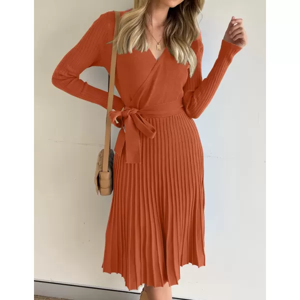 imageZESICA Womens 2023 Fall Long Sleeve Wrap V Neck Ribbed Knit Pleated A Line Pullover Sweater Dress with BeltMaple