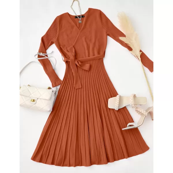 imageZESICA Womens 2023 Fall Long Sleeve Wrap V Neck Ribbed Knit Pleated A Line Pullover Sweater Dress with BeltMaple