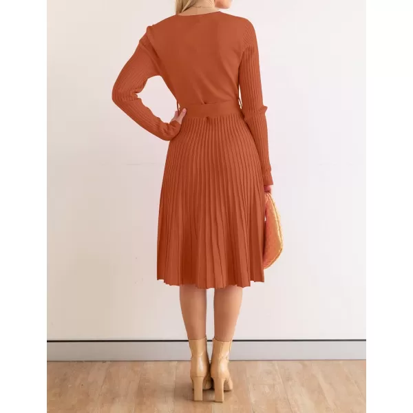 imageZESICA Womens 2023 Fall Long Sleeve Wrap V Neck Ribbed Knit Pleated A Line Pullover Sweater Dress with BeltMaple