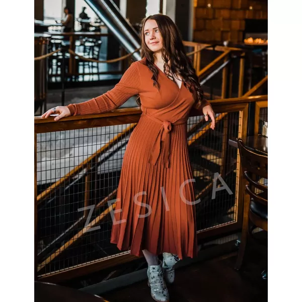 imageZESICA Womens 2023 Fall Long Sleeve Wrap V Neck Ribbed Knit Pleated A Line Pullover Sweater Dress with BeltMaple