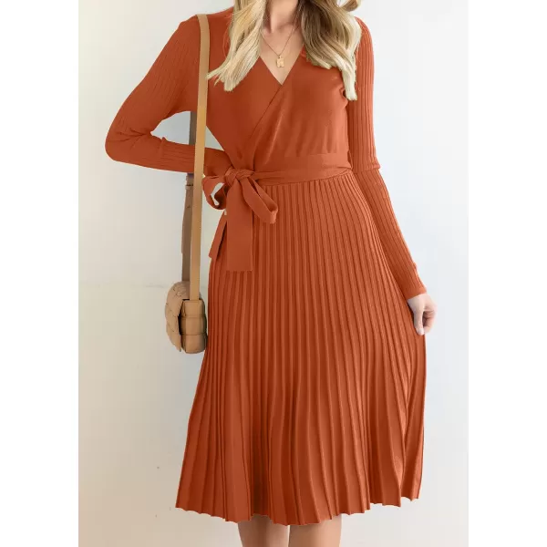 imageZESICA Womens 2023 Fall Long Sleeve Wrap V Neck Ribbed Knit Pleated A Line Pullover Sweater Dress with BeltMaple