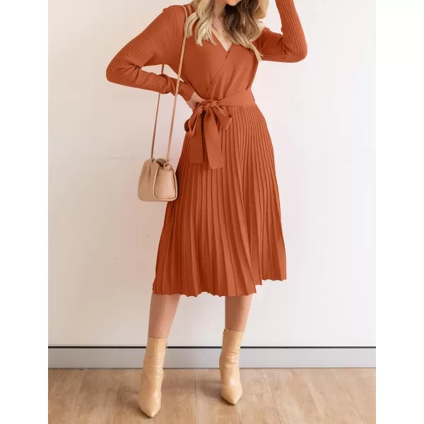 imageZESICA Womens 2023 Fall Long Sleeve Wrap V Neck Ribbed Knit Pleated A Line Pullover Sweater Dress with BeltMaple