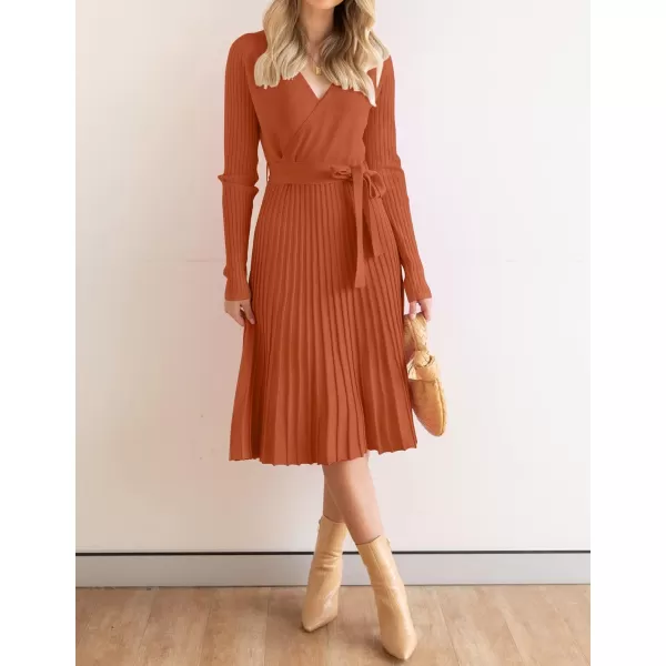 imageZESICA Womens 2023 Fall Long Sleeve Wrap V Neck Ribbed Knit Pleated A Line Pullover Sweater Dress with BeltMaple